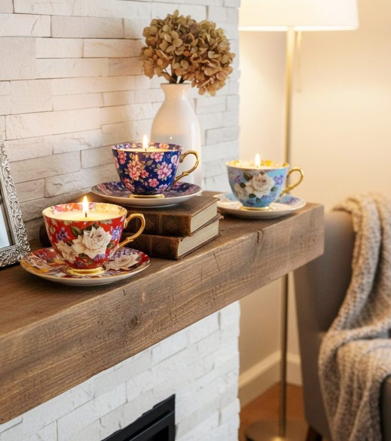 floral-dualita'-tea-cup-candle-and-saucer-display Decorative floral tea cup candle set from the Countryside Collection displayed in a curated home artisan setting at Bord Du Lac Artisans.